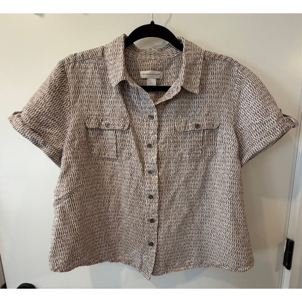 Christopher & Banks Linen Blend Boxy Fit Short Sleeve Button Down Womens Large